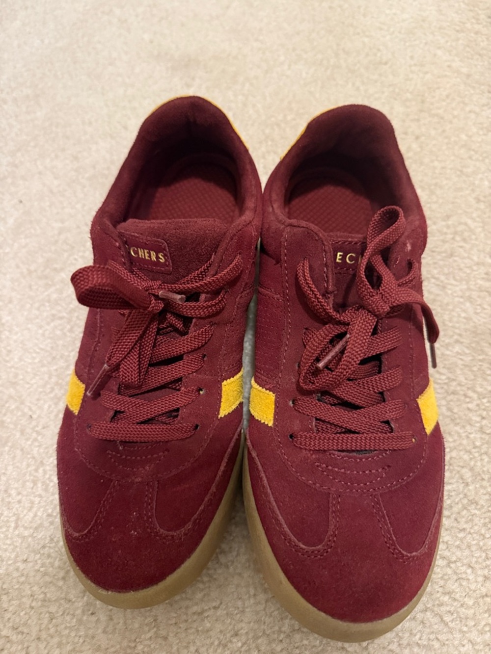 Skechers Burgundy Suede Sneakers with Yellow Stripe